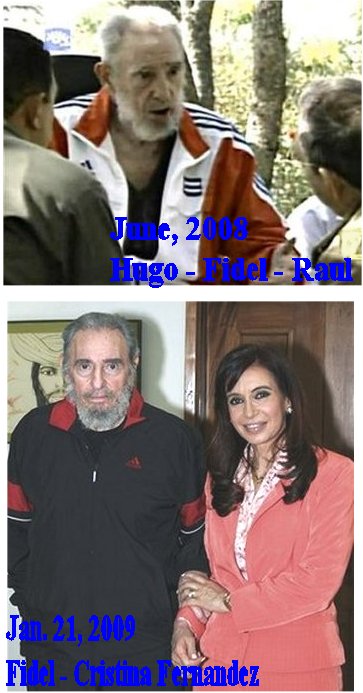 عکس پایین که 21 ژانویه 2009 (دوم بهمن 1387) با بانو کریستینا برداشته شده، فیدل کاسترو را سرحال تر از زمان برداشته شدن عکس بالا (ژوئن 2008 = خرداد 1387 با چاوس و رائول) نشان می دهد