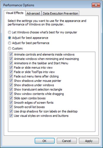 عیب یابی سیستم , ویندوز 7 ,بهینه سازی ویندوز 7 با غیرفعال کردن جلوه های بصری