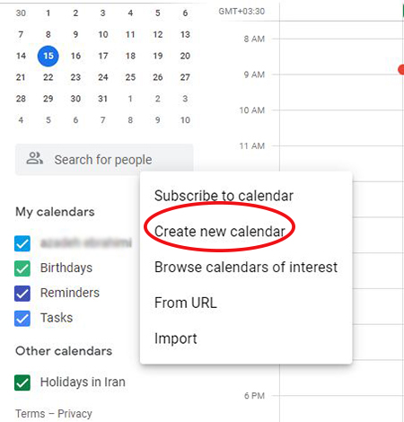 نحوه ایجاد یک تقویم جدید, اضافه کردن یک تقویم جدید به Google Calendar, از منو Create new calendar را انتخاب کنید