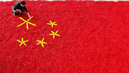 ساخت پرچم چین با استفاده از ذرت و فلفل توسط یک کشاورز