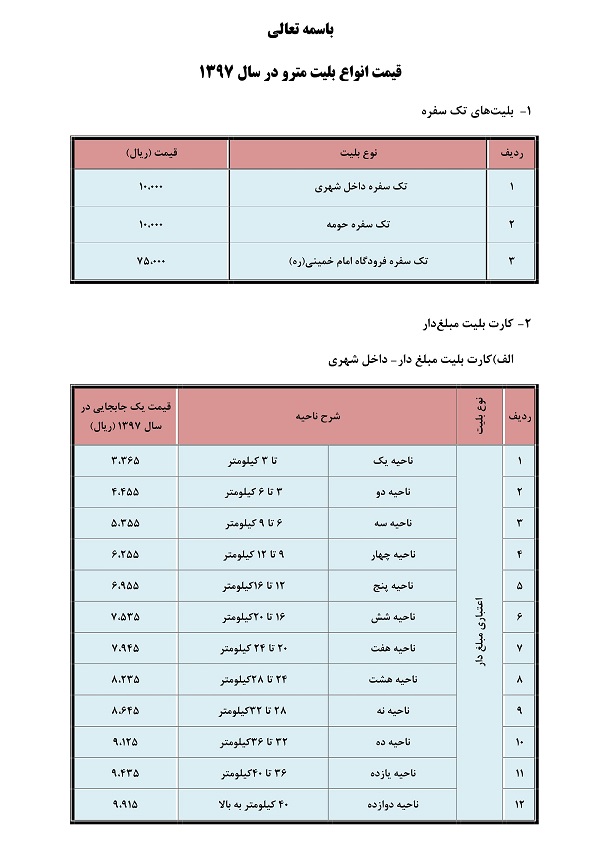 اخبار اقتصادی ,خبرهای اقتصادی , نرخهای جدید بلیت مترو اخبار اقتصادی ,خبرهای اقتصادی , نرخهای جدید بلیت مترو