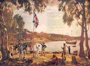 تصوير ورود انگليسي ها به خليج كوچك سيدني در استراليا در1788 ميلادي