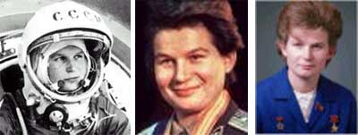 از راست به چپ: والنتينا سالها پس از فضانوردي با ستاره زرين قهرمان شوروي ، زماني كه افسر ارتش سرخ بود ، و هنگام تمرين فضانوردي