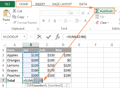 استفاده از AutoSum در اکسل, نحوه استفاده از AutoSum