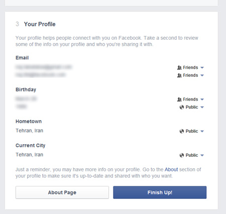 صفحه فیس‌بوک, تنظیمات فیسبوک