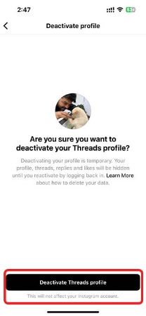 حذف حساب Threads, چگونه حساب Threads را دی اکتیو کنیم, گزینه Deactivate Threads profile