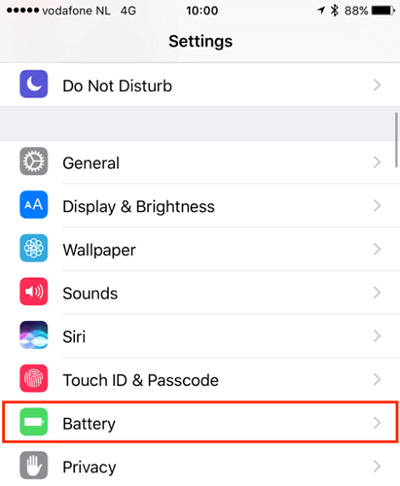 زمان تلف شده در هر اپلیکیشن, بخش باتری در تنظیمات iOS,
