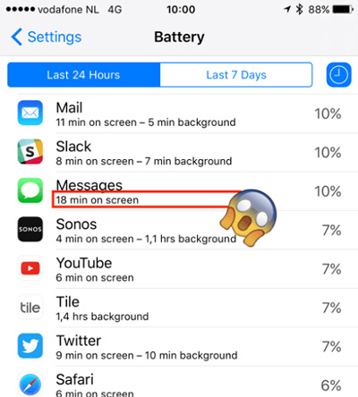 زمان تلف شده در هر اپلیکیشن, بخش باتری در تنظیمات iOS,