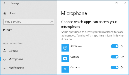 عدم کارکرد میکروفون در ویندوز 10, کنترل دسترسی به میکروفون براساس برنامه