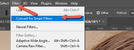 نحوه پاک کردن پف و سیاهی دور چشم در فتوشاپ, Convert for Smart Filters را انتخاب کنید