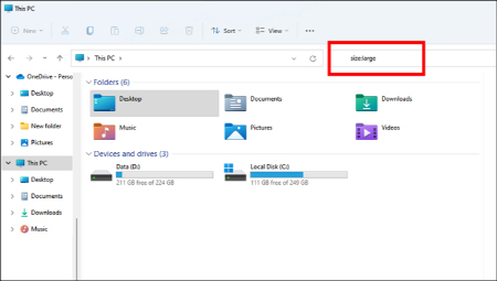 جستجوی فایل بزرگ ویندوز ۱۱, بزرگترین فایل ها ویندوز