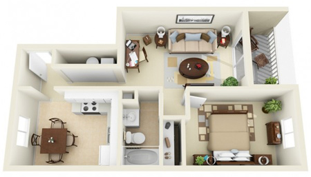 آپارتمان های یک خوابه,چیدمان سه بعدی آپارتمان