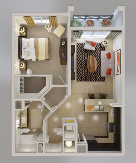 چیدمان سه بعدی آپارتمان,طراحی های مدرن آپارتمان های یک خوابه