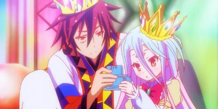 Sora and Shiro look at their PSP in No Game No Life