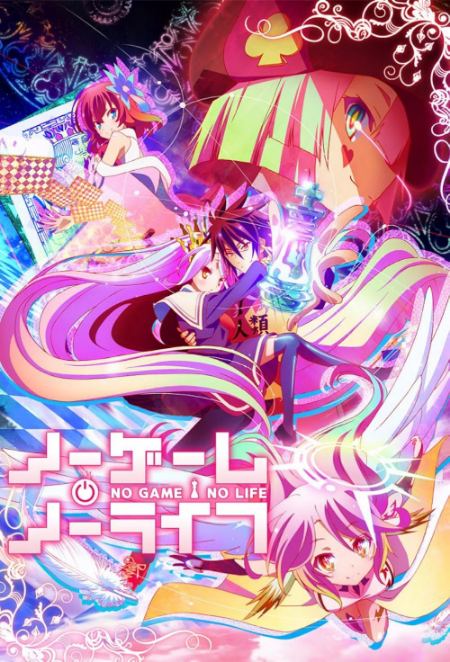 The poster for No Game No Life depicts Sora holding Shiro and a trophy