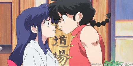 Ranma staring down Akane Tendo near the dojo in the Ranma 1/2 reboot