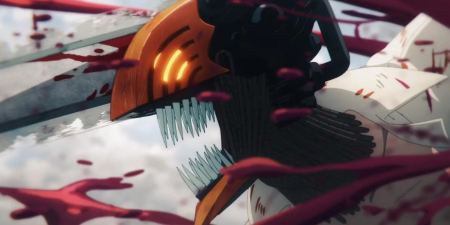 Denji fighting as Chainsaw Man with blood everywhere