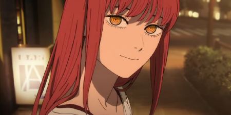 Makima has her hair loose and grins in the Chainsaw Man anime