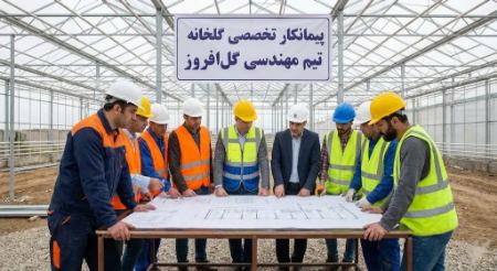 تیم مهندسی و اجرایی پیمانکار گلخانه گلافروز در حال بررسی نقشههای ساخت در محل پروژه با کلاه ایمنی. تیم مهندسی و اجرایی پیمانکار گلخانه گلافروز در حال بررسی نقشههای ساخت در محل پروژه با کلاه ایمنی.