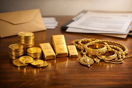 مقداری طلای زینتی، سه شمش و چندین سکه طلا به همراه یکسری کاغذ روی یک میز چوبی