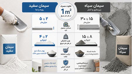 تفاوت مصرف سیمان سفید نسبت به سیمان سیاه در هر متر تفاوت مصرف سیمان سفید نسبت به سیمان سیاه در هر متر