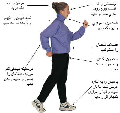 پیاده روی,اصول صحیح پیاده روی,وضعیت بدن هنگام پیاده روی